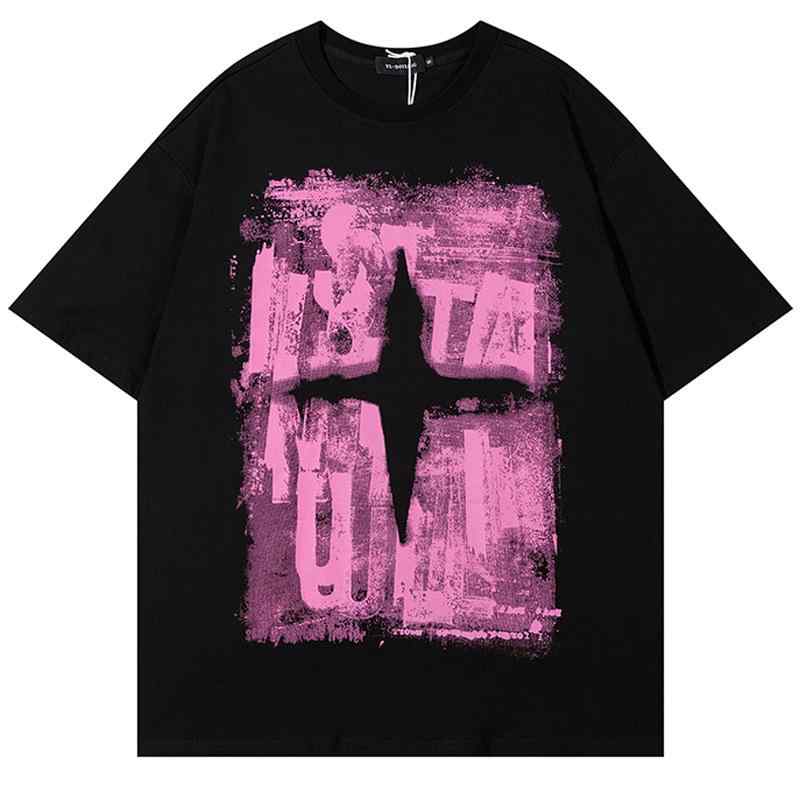 Tシャツ メンズ ストリート系 ヒップホップ 十字架 グラフィティ プリント 個性的 デザイン ゆったり オーバーサイズ 半袖 クルーネック 綿混 通気性 春夏 カジュアル 黒 白