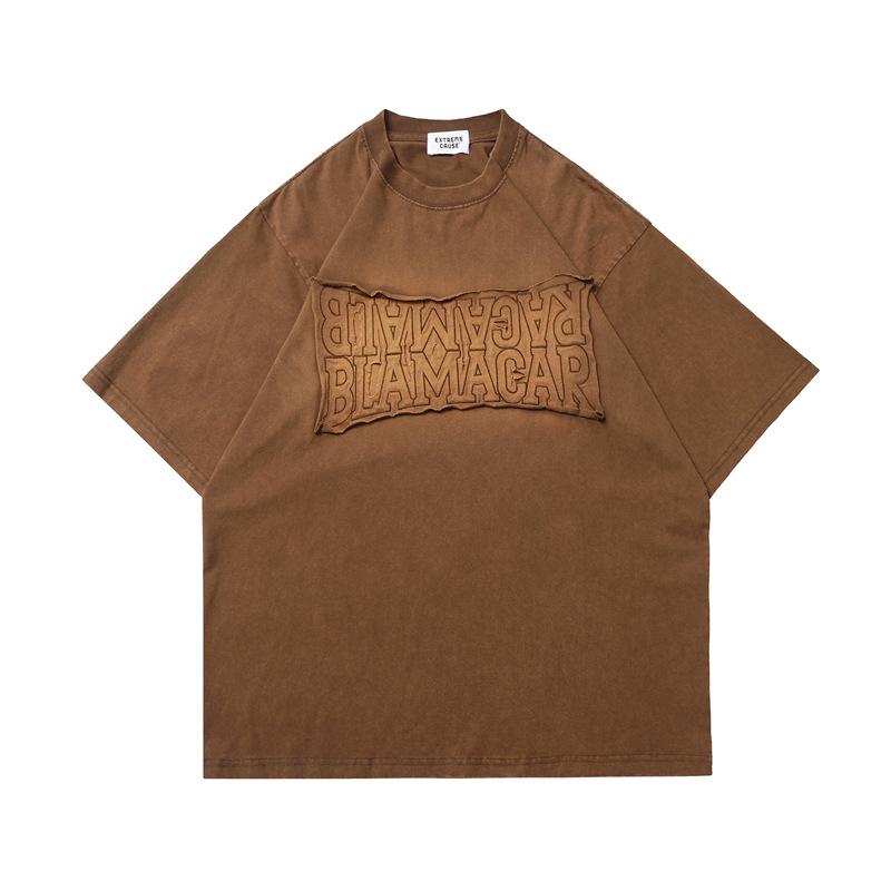 Tシャツ メンズ ストリート アメリカン レトロ ヴィンテージ ウォッシュ加工 ユーズド加工 半袖 クルーネック ゆったり ルーズフィット ヒップホップ パッチワーク 刺繍 コットン 夏 ブラック コーヒー
