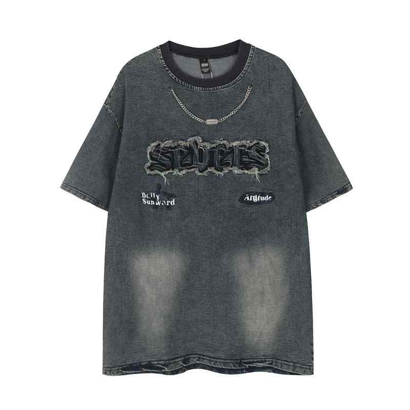 Tシャツ メンズ レディース アメリカン レトロ ストリート ヴィンテージ加工 デニム 半袖 刺繍 アルファベット ゆったり ルーズフィット カジュアル トップス 丸首 通気性 夏