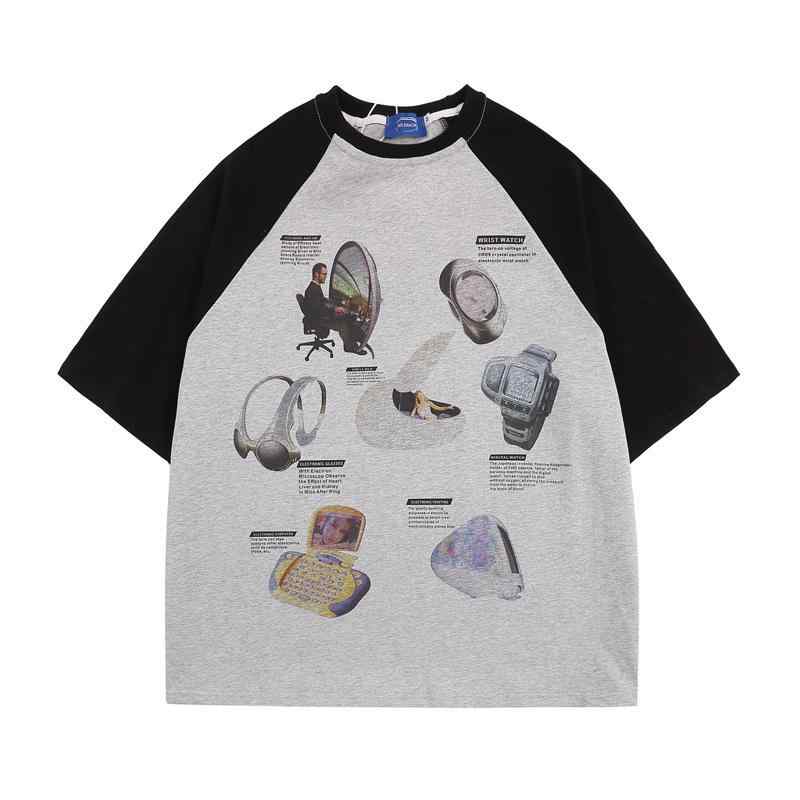 Tシャツ ユニセックス アメカジ レトロ 切り替え 配色 ラグランスリーブ 半袖 コットン 綿 デザイン ゆったり ルーズフィット リラックス カップル ペアルック 普段使い ストリート ブラック ブラウン系 春夏