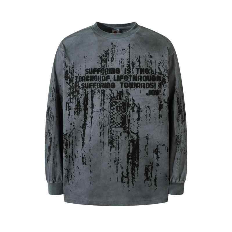 Tシャツ メンズ ストリート アメカジ レトロ ヴィンテージ加工 ウォッシュ加工 数字ロゴ アルファベットプリント 長袖 クルーネック ルーズフィット コットン カジュアル 秋物 グレー