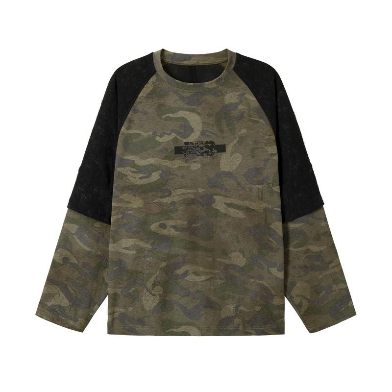 Tシャツ メンズ アメカジ レトロ 配色切り替え フェイクレイヤード 重ね着風 長袖 迷彩柄 ストリート ヒップホップ オーバーサイズ ゆったり デザイン 綿 春秋 トップス