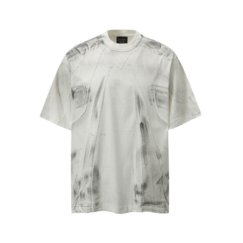 Tシャツ メンズ ハイストリート 個性的 デザイン 再構築 切り替え 半袖 アメカジ ヴィンテージ ユーズド加工 ルーズフィット コットン クルーネック ブラック ホワイト グレー系 春夏