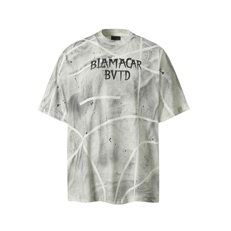Tシャツ メンズ ストリート スプラッシュプリント レター グラフィック 半袖 綿 コットン アメリカン レトロ ヴィンテージ ダメージ加工 ウォッシュ加工 ルーズフィット オーバーサイズ クルーネック 夏 カジュアル