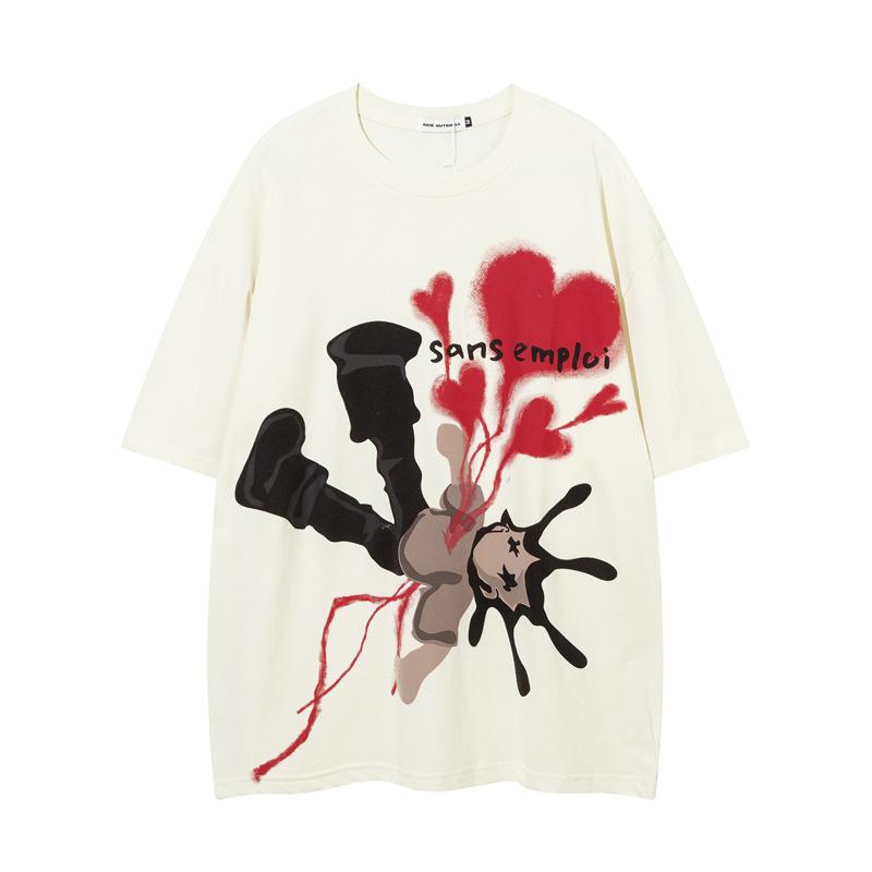 Tシャツ メンズ 面白い キャラクター ハート柄プリント 半袖 ゆったり ビッグシルエット クルーネック コットン 通気性 ストリート カジュアル 普段使い 夏 トップス 黒 ベージュ 水色