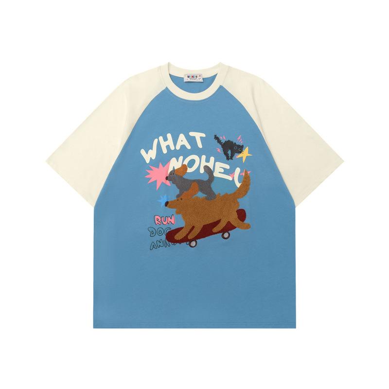 Tシャツ ユニセックス おもしろい カートゥーン 猫 犬 小動物 フロッキー加工 刺繍 ラグランスリーブ 半袖 クルーネック オーバーサイズ ゆったり コットン 通気性 夏 カジュアルスタイル 普段使い アメカジ ストリート