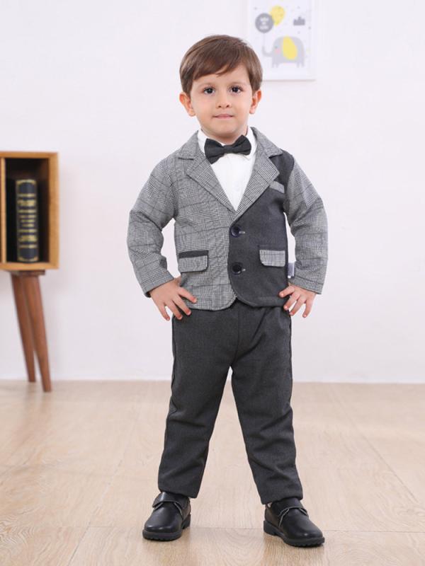 ベビー 男の子 幼児 ファーストバースデー フォーマル スーツ スリーピース 三点セット 厚手 裏起毛 チェック柄 秋冬 セレモニー 結婚式 入園式 発表会 綿 グレー セットアップ