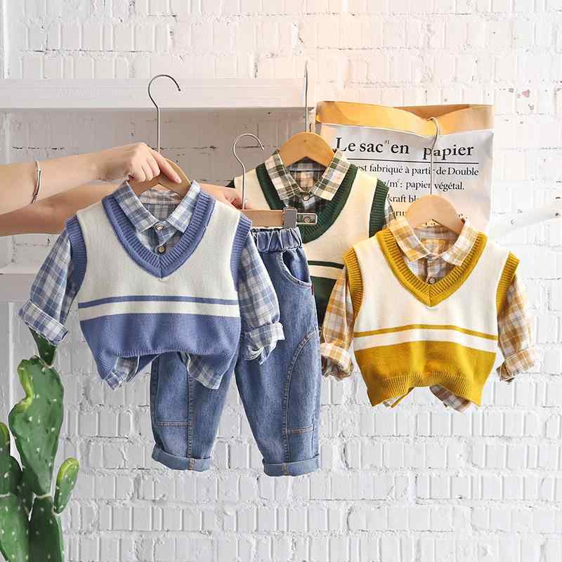 キッズ 男の子 ベビー服 幼児服 韓国風 秋冬 3点セット セットアップ 長袖チェック柄シャツ ニットベスト ロングパンツ 綿 コットン 暖かい 保温性 普段使い 通園 通学 お出かけ着