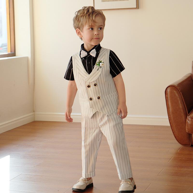 キッズ 男の子 ベビー スーツ 半袖ベスト 長ズボン セットアップ フォーマル 礼服 結婚式 発表会 演奏会 入学式 卒業式 七五三 記念撮影 ブリットスタイル ストライプ ダブルボタン ポリエステル 春夏 4点セット 5点セット 蝶ネクタイ コサージュ
