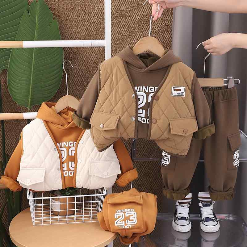キッズ 男の子 秋冬 3点セット 裏起毛 厚手 スウェット トレーナー ベスト ジレ 長ズボン フード付き 綿 コットン 暖かい 防寒 おしゃれ