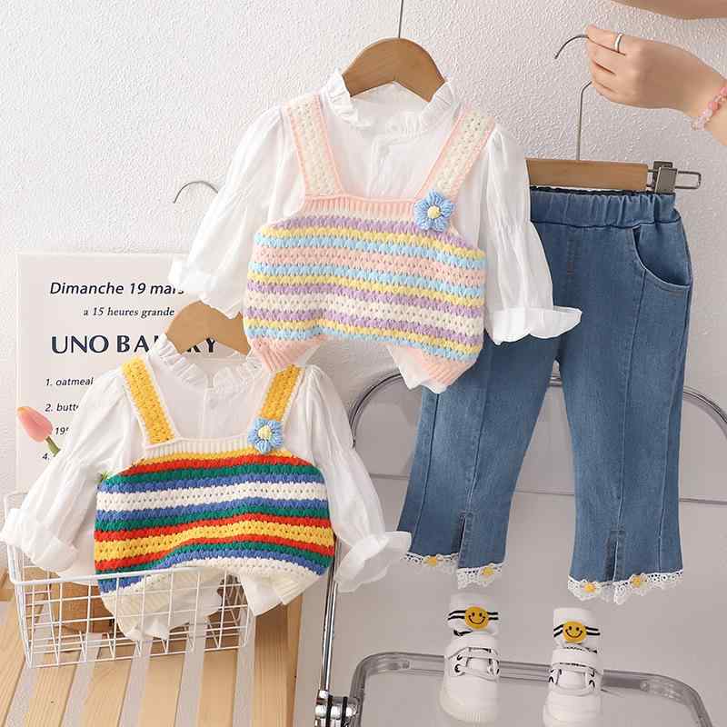 セットアップ キッズ 女の子 パフスリーブブラウス ニットベスト パンツ 3点セット 秋冬 おしゃれ かわいい 韓国風 綿 コットン 長袖 普段使い お出かけ 通園 通学 ピンク系 イエロー系