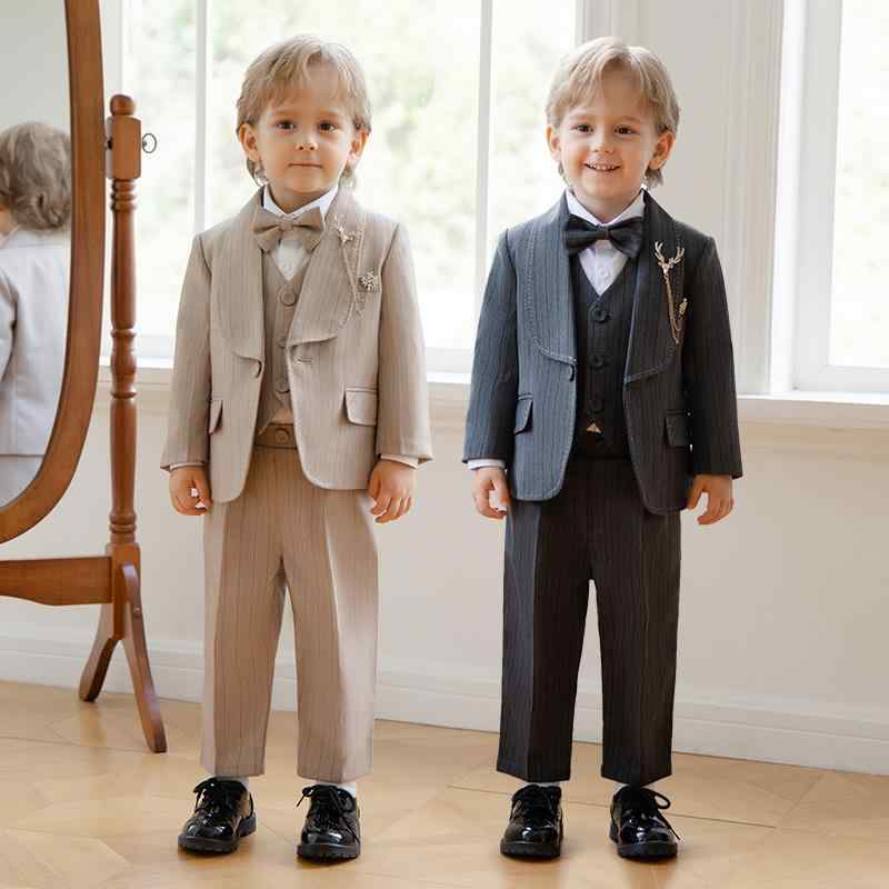 スーツ 男の子 男児 キッズ 秋冬 春 ブリティッシュ ストライプ柄 ジャケット ベスト ジレ セットアップ フラワーボーイ リングボーイ 結婚式 発表会 演奏会 ピアノ 卒業式 入学式 七五三 1歳誕生日 フォーマル セレモニー ダブルボタン ポリエス