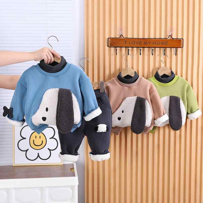 セットアップ 男の子 キッズ 綿 裏起毛 フリース 暖かい キャラクター 長袖 ハイネック トレーナー パンツ 上下 2点セット 秋冬 カジュアル 普段着 部屋着 グリーン ブラウン ブルー