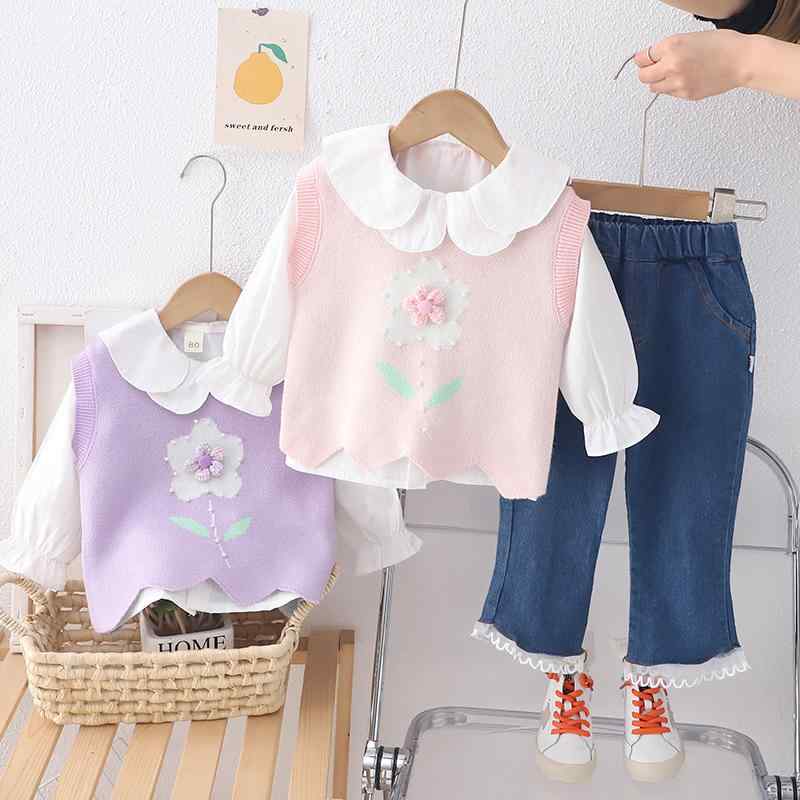 キッズ セットアップ ガールズ ベビー 幼児 女の子 韓国ファッション かわいい 花柄 フリル 長袖シャツ セーター ベスト 長ズボン 綿 コットン ピンク パープル 普段使い 春秋 3点セット
