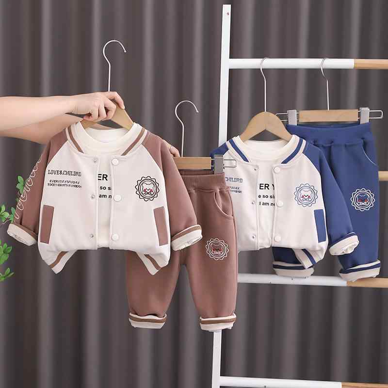 ベビー服 男の子 キッズ ベースボールジャケット風 カーディガン スウェット上下 スリーピース セットアップ 切り替え 配色 スポーツ カジュアル 普段着 通園 春秋 長袖 ブラウン ブルー 綿