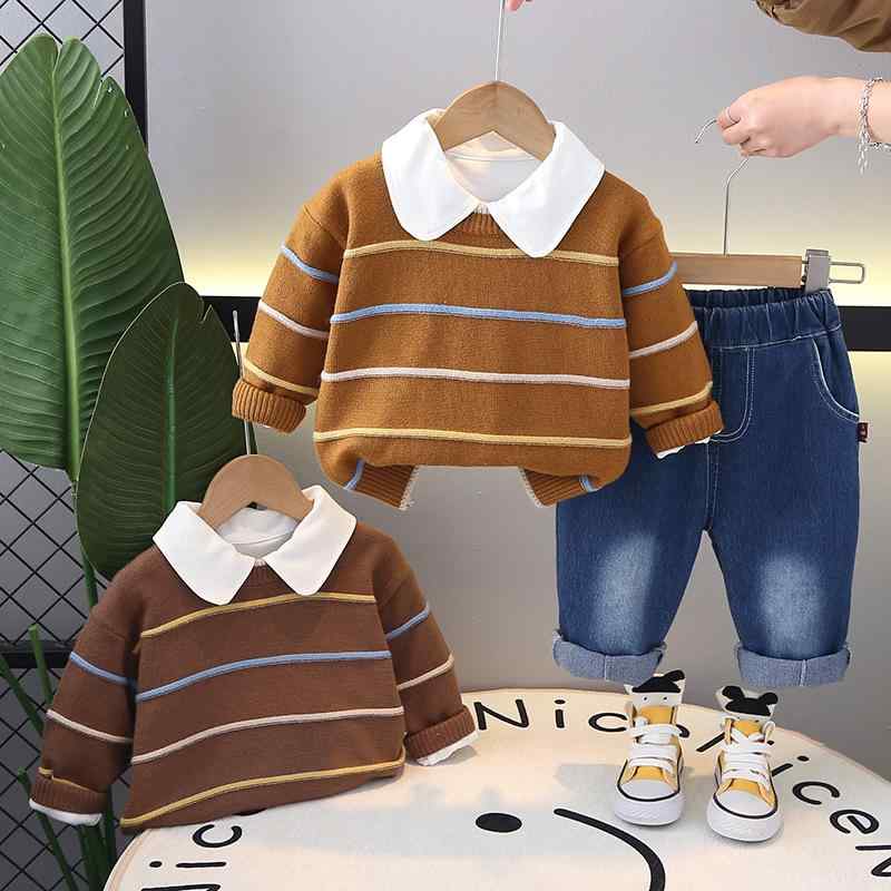 ベビー服 キッズ 男の子 女の子 春秋 韓国風 ストライプ柄 シャツ ニット セーター 長袖 パンツ 綿 コットン 三点セット セットアップ カジュアル 普段使い