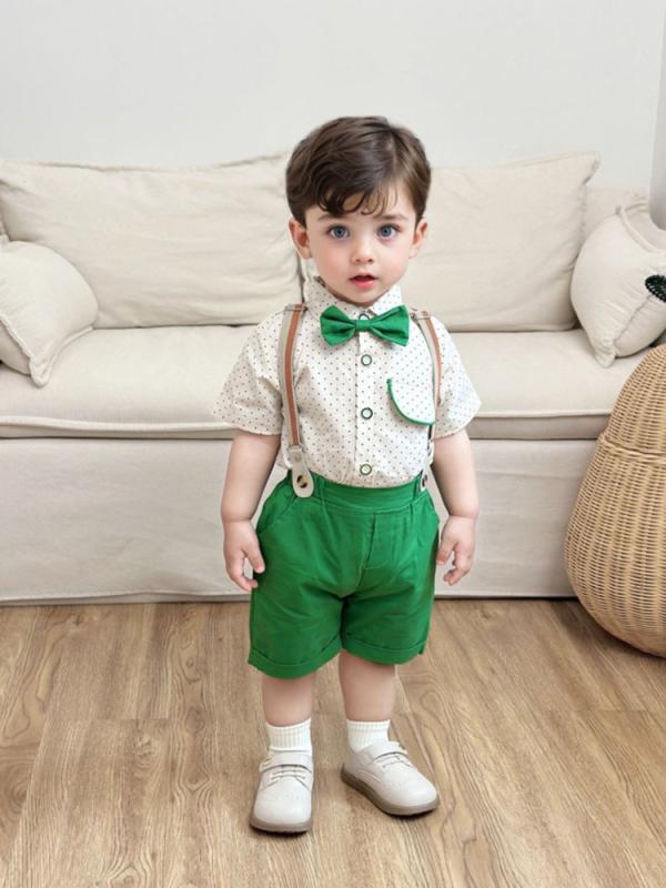 キッズ 男の子 ベビー セットアップ 紳士風 フォーマル スーツ 半袖 ショートパンツ 半ズボン 2点セット 夏物 薄手 綿素材 お洒落 ドット柄 お出かけ 発表会 入園式 グリーン