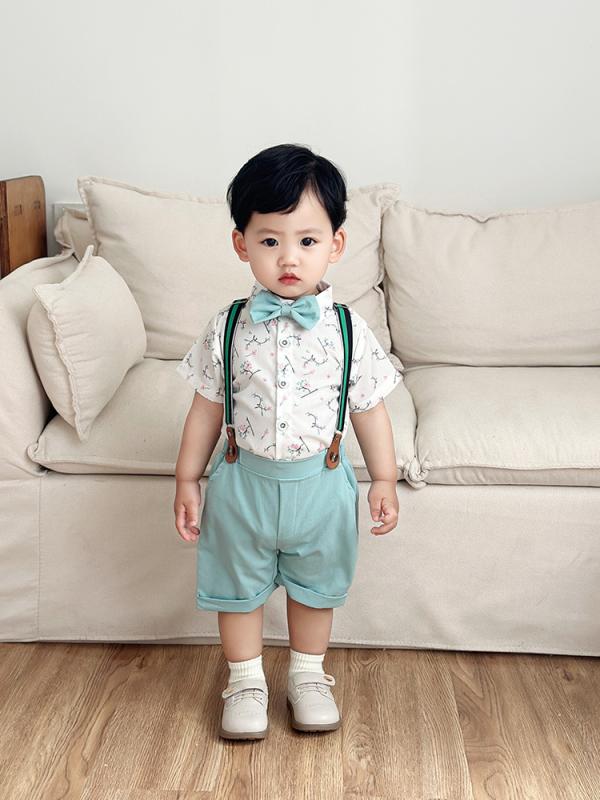 セットアップ 男の子 ベビー サロペット オーバーオール 半袖 ショートパンツ 2点セット ブリティッシュ 紳士風 花柄 蝶ネクタイ 春夏 薄手 カジュアル ライトグリーン