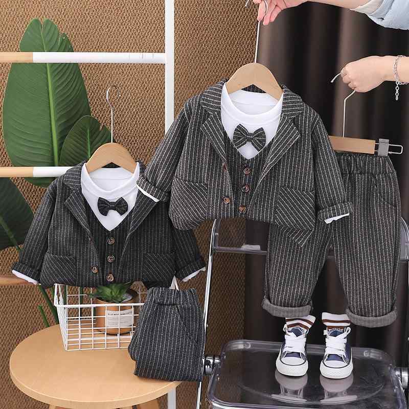 キッズ フォーマルウェア 男の子 韓国風 ストライプ柄 スリーピース 長袖 ジャケット ベスト ロングパンツ 春秋 幼児 ベビー 綿混 肌触り やわらか グレー系 入園式 発表会 結婚式 セレモニー
