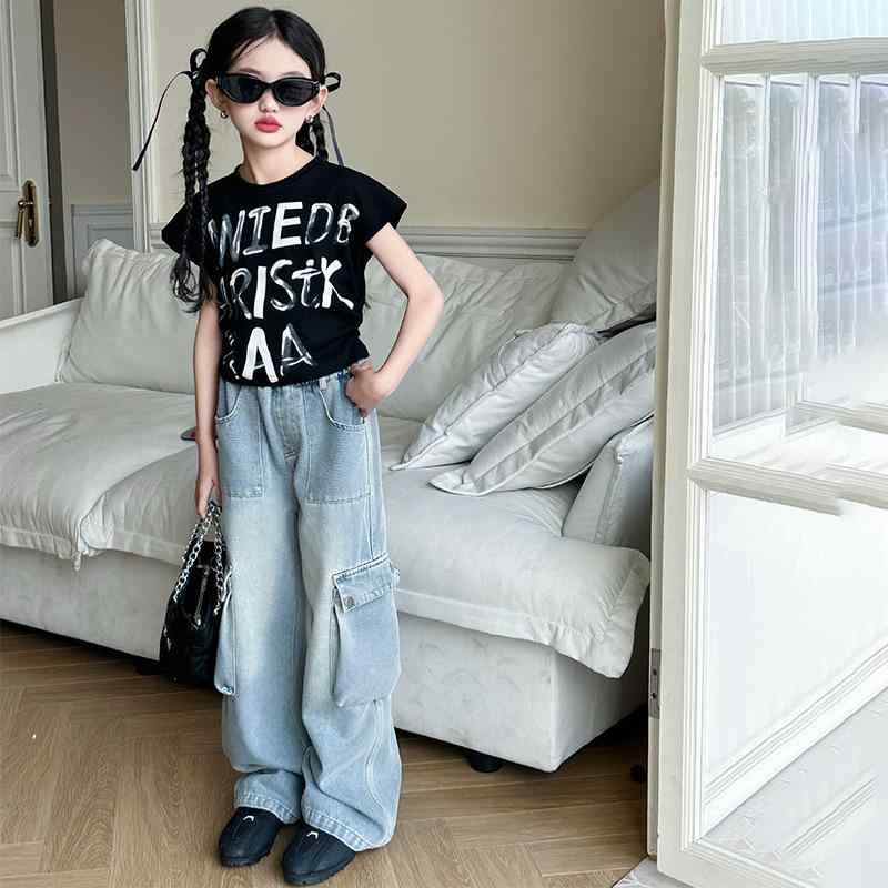 パンツ 女の子 キッズ ジュニア デニムパンツ ワークパンツ 秋冬物 コットン 柔らかい ワイド ストレート 通学 普段使い カジュアル ブルー