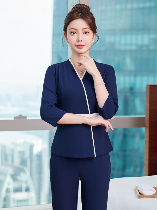 制服 女性用 レディース サロン エステ 美容師 スパ フットケア 施術着 ワークウェア セットアップ 高級感 エレガント 七分袖 スパンデックス 伸縮性 ロングパンツ