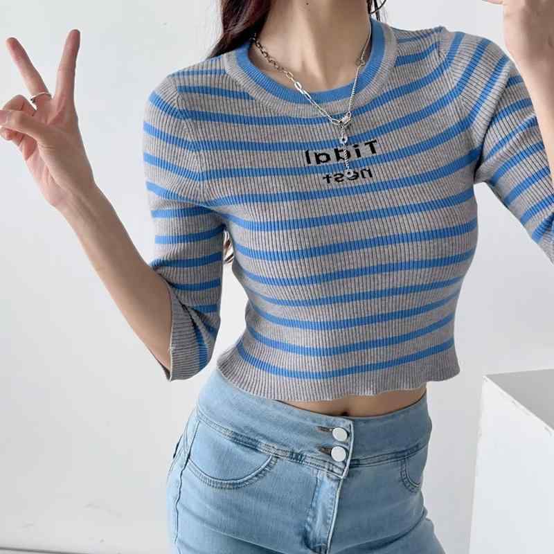 ニットTシャツ レディース 夏 韓国風 大人カジュアル 綿素材 半袖 ショート丈 ストライプ柄 刺繍ロゴ スリムフィット クルーネック ブルー