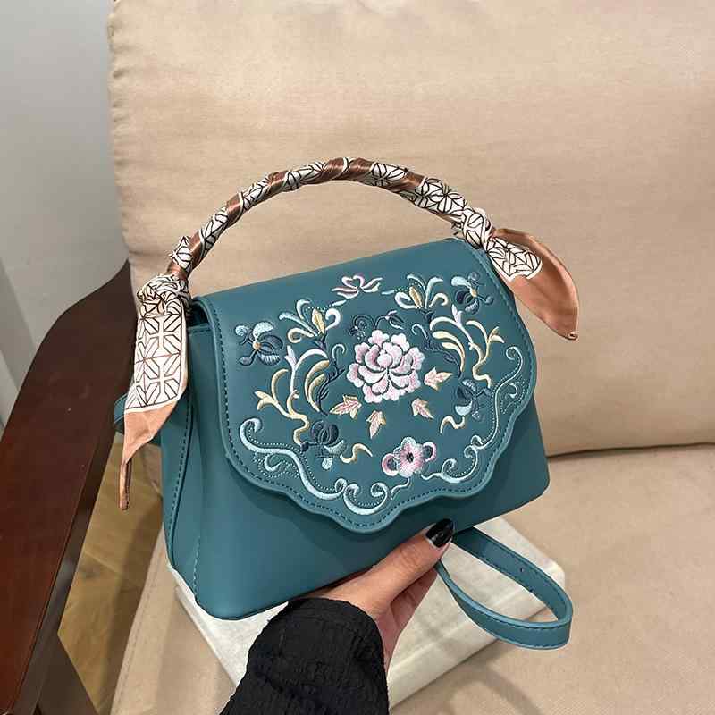 バッグ レディース 女性用 ショルダーバッグ ハンドバッグ トートバッグ 斜め掛け スカーフ 刺繍 高級感 レトロモダン エスニック アジアン PUレザー 合皮 横型 スクエア デイリーユース 通勤