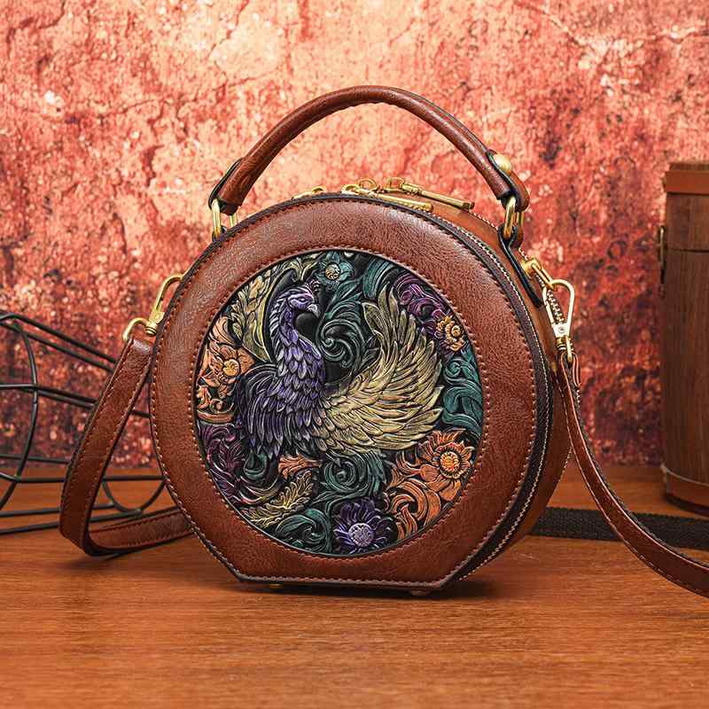 ショルダーバッグ レディース 女性用 円筒形 コンパクト レトロ ハンドメイド 花柄彫刻 エンボス加工 斜め掛け シンプル 通勤 デイリーユース 大容量 エスニック調
