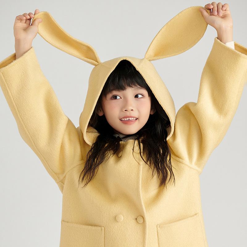 コート キッズ 女の子 ダブルフェイス フード付き かわいい ウサギ ウール100% ミドル丈 長袖 柔らかな肌触り スイート ガーリー ダブルボタン 普段使い 通園 お出かけ アウター 秋冬