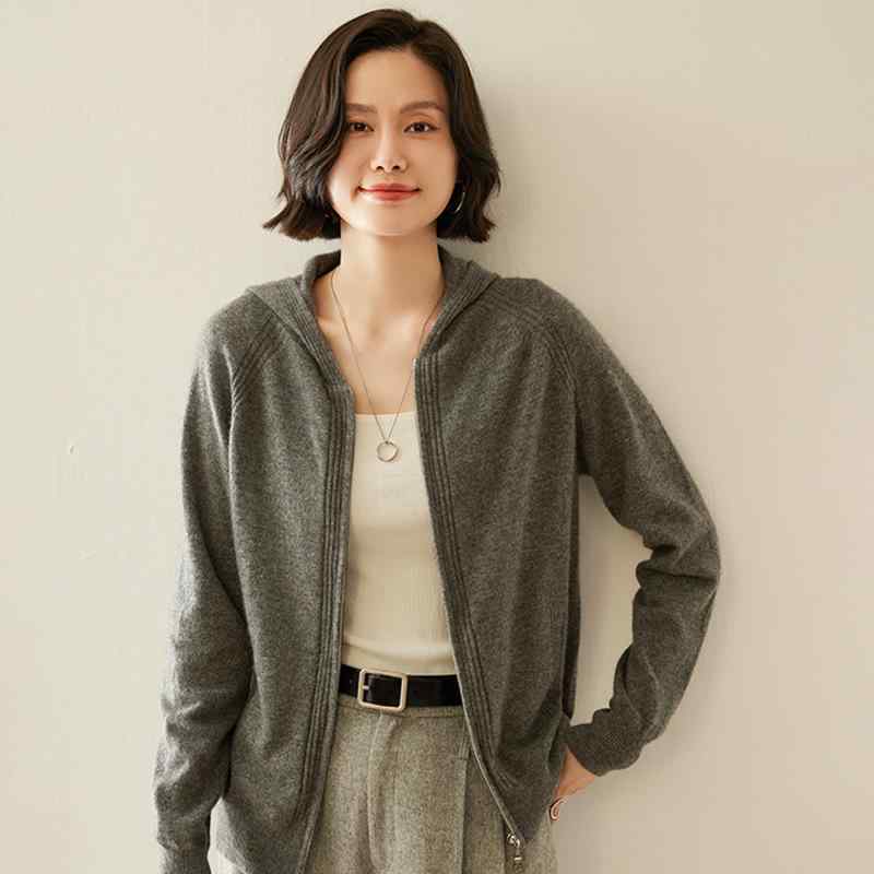 ニットカーディガン レディース フード付き カシミヤ ジップアップ ショート丈 保温性 上質 ゆったり 韓国風 通勤 普段使い 秋冬｜way-ugo