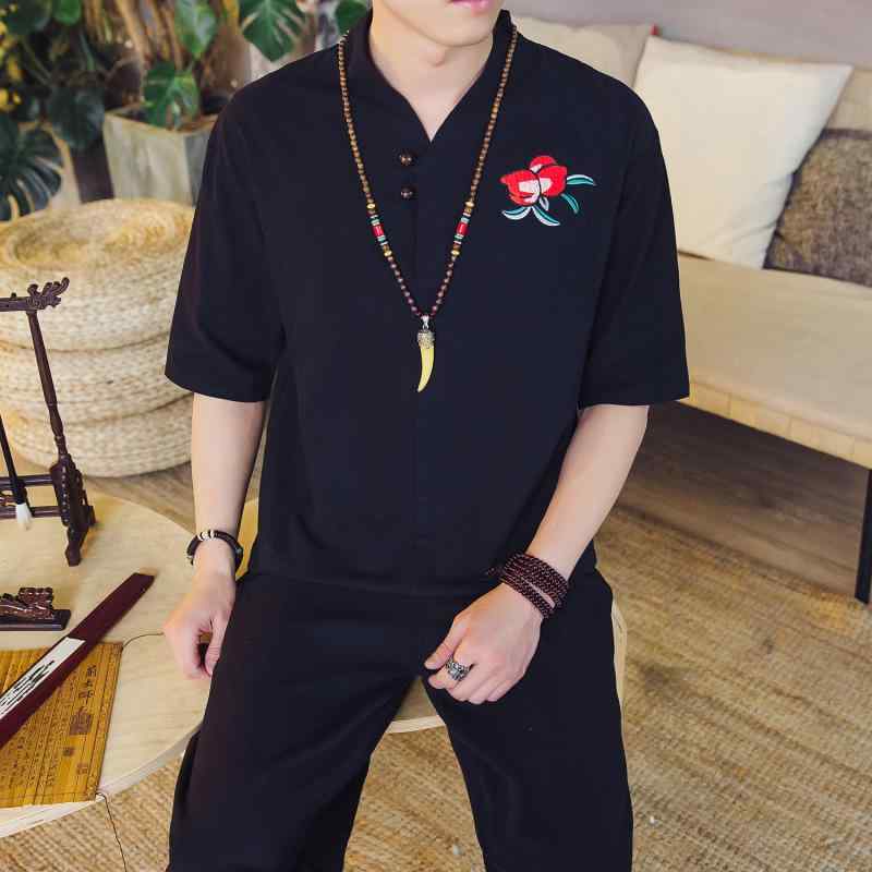 セットアップ メンズ 男性用 チャイナ風 夏 綿麻 ゆったり ルーズ 大きいサイズ ビッグサイズ 半袖 Tシャツ カットソー 九分丈 クロップド パンツ ボトムス ホワイト ブラック カーキ