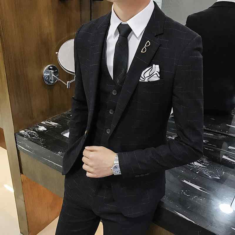 スーツ メンズ 男性用 ビジネス オフィス フォーマル 結婚式 スリーピース セットアップ スリムフィット チェック柄 ジャケット ベスト スラックス オールシーズン ブラック グレー ネイビー｜way-ugo