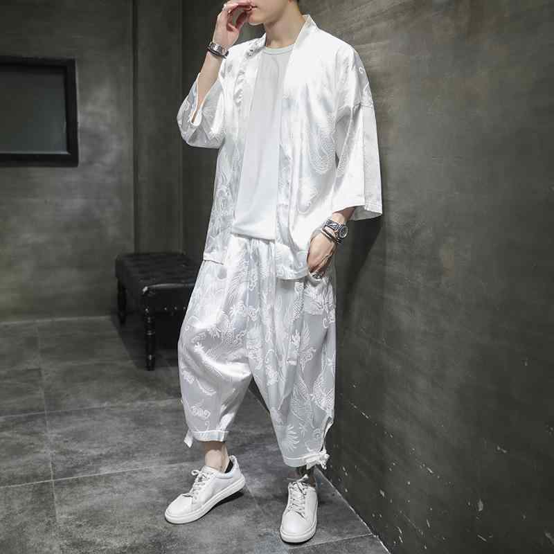 セットアップ メンズ 男性用 中国風 レトロ エスニック 半袖 羽織り カーディガン 九分丈パンツ 上下セット 刺・墸 エンブロイダリー 暗紋 夏 カジュアル 普段使い 綿混 ポリエステル 接触冷感 白 黒 赤 紺