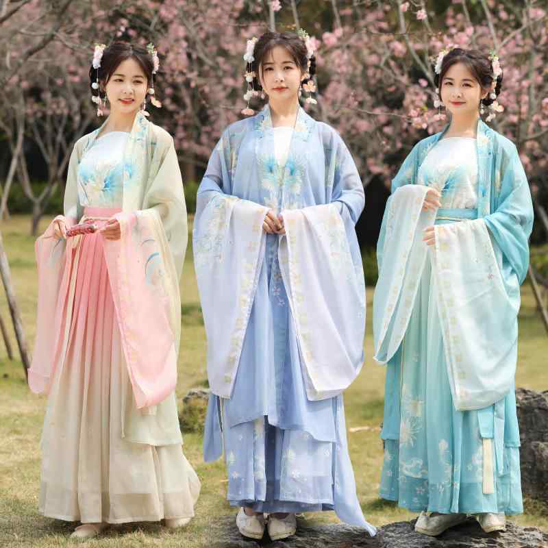 漢服 レディース 宋代風 月下美人 花柄 グラデーション 優雅 エレガント スリーピース セットアップ 羽織 キャミソール ハイウエストスカート ワイドスリーブ 春夏 中国民族衣装