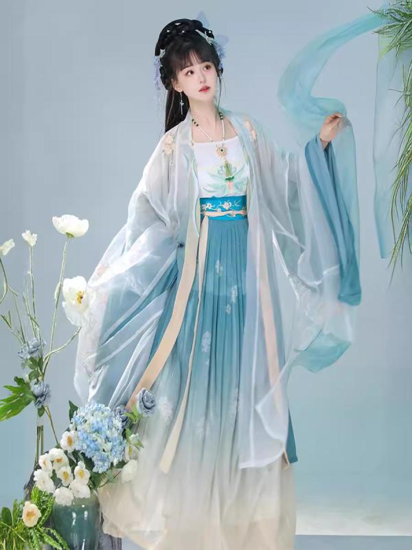 漢服 レディース オリジナルデザイン 中国風 宋代風 改良 2点セット ハイウエストスカート 刺繍 ワイドスリーブ羽織 シフォン 薄手 春夏 スカイブルー 花月柄 伸縮性 レトロ リボン付き｜way-ugo