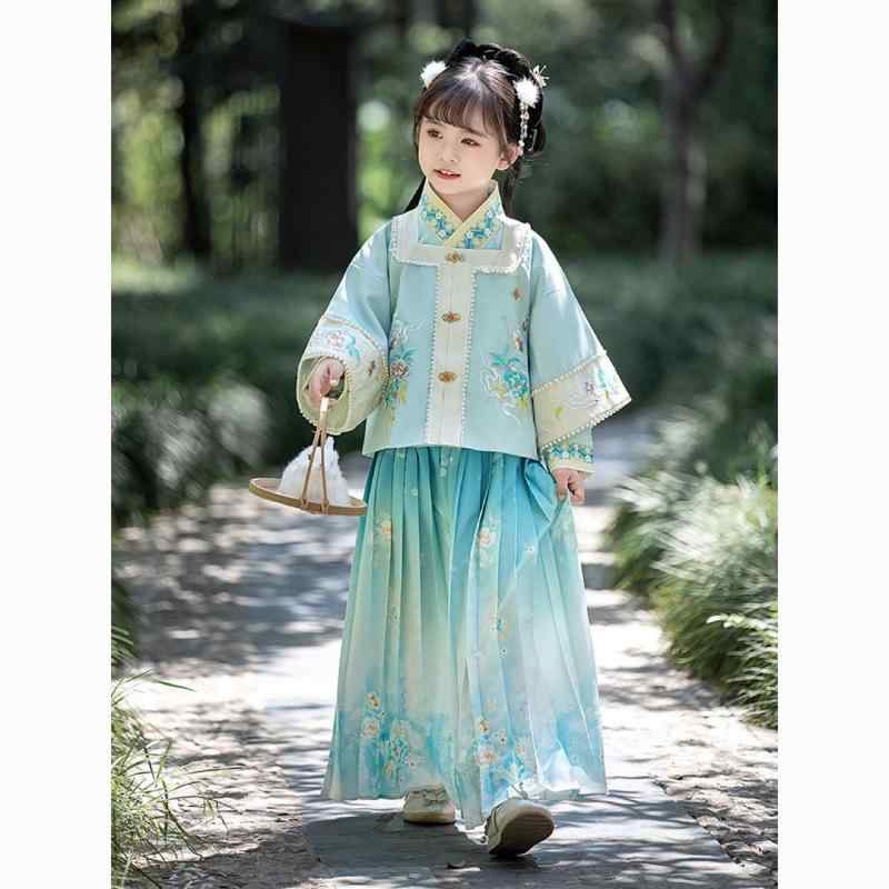漢服 子供用 女の子 キッズ ジュニア 明制 刺・墸 襦裙 上下セット プリンセス 中華風 伝統衣装 発表会 舞台 衣装 卒業式 入学式 記念撮影 国学服 綿混 再生繊維 春秋 ブルー レッド