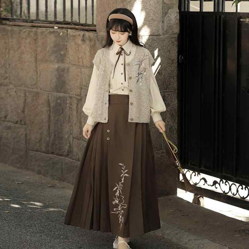 漢服 女性用 レディース 新中華風 中国風 オリジナルデザイン 漢代風 直綴スタイル ストレートスリーブ ベスト ジレ ブラウス シャツ トップス スカート セットアップ アンサンブル 上品 エレガント 伝統的 秋冬 ポリエステル繊維 普段使い お出かけ