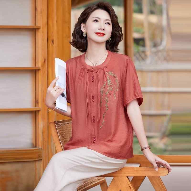 セットアップ レディース 女性用 ママ服 ミセス 50代 60代 夏物 半袖 大きいサイズ ゆったり 花柄 刺繍 エレガント ツーピース ポリエステル 薄手 カジュアル 九分丈パンツ ピンク オレンジ