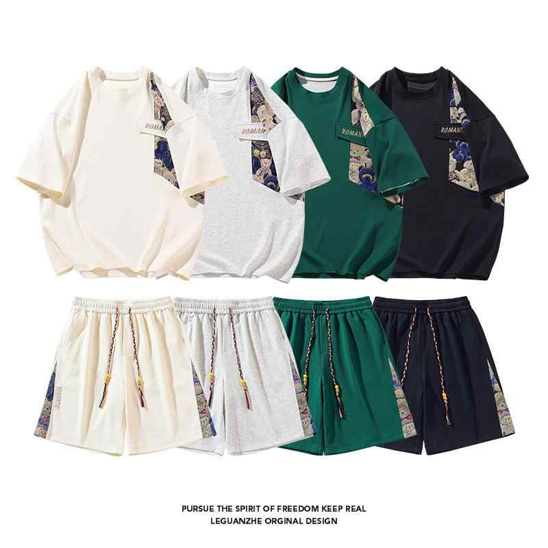 セットアップ メンズ 半袖 Tシャツ ショートパンツ 夏 大きいサイズ ワッフル柄 プリント ストリートカジュアル ゆったり ポリエステル 普段使い ルームウェア 10代 20代向け ブラック グレー ベージュ グリーン