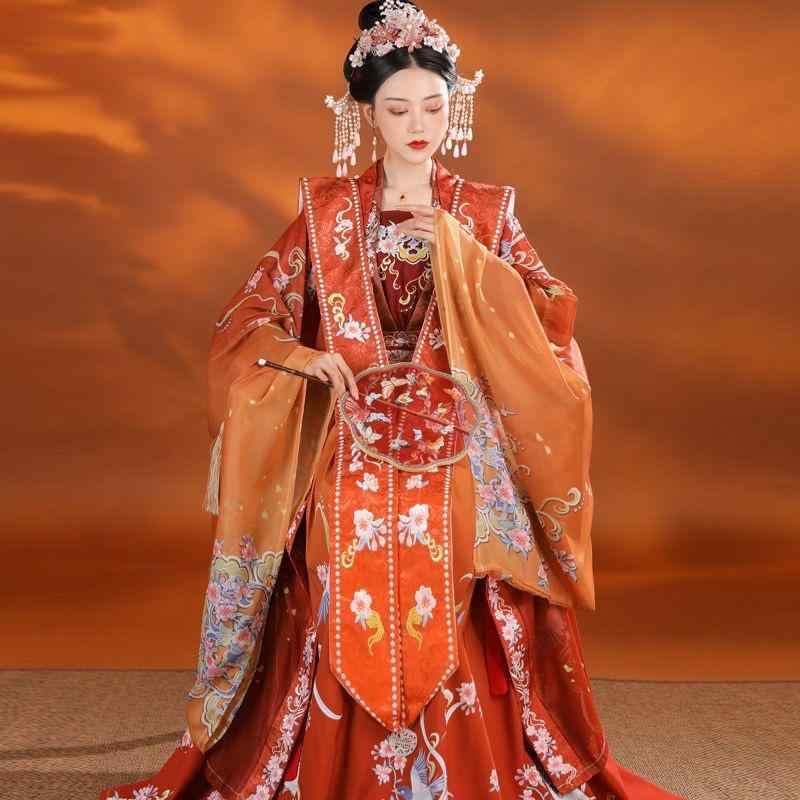 漢服 レディース 女性用 婚礼 結婚式 ブライダル 宋代様式 対襟 刺繍 プリント柄 霞・示 ロングトップス ハイウエストロングスカート 中国風 赤青系グラデーション 5点セット 春秋