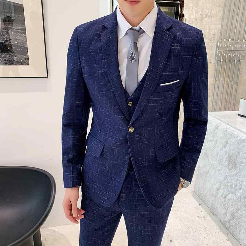 スーツ メンズ 秋冬 スリーピース ジャケット ブレザー 韓国風 ビジネス 通勤 オフィス フォーマル 新郎 結婚式 スリムフィット 男性 ブラック グレー ネイビー｜way-ugo