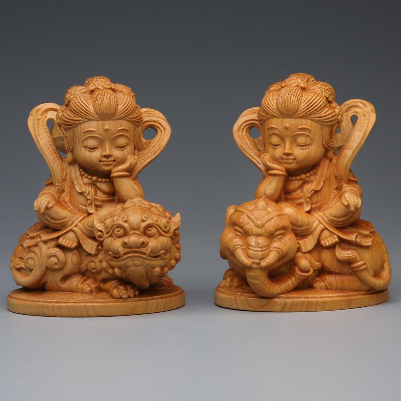 仏像 普賢菩薩 文殊菩薩 象 獅子 崖柏 木彫 無垢材 木製 置物 オブジェ フィギュア 飾り 干支 十二支 守り本尊 開運 縁起物 祈願 厄除け 鑑賞用 インテリア 高級感