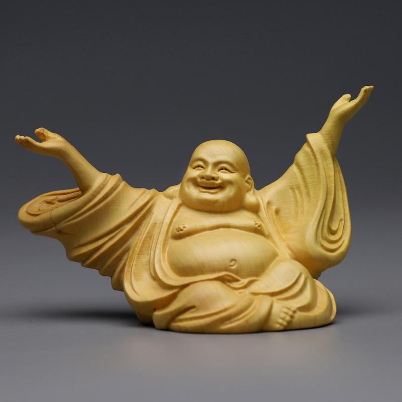 置物 ツゲ木彫刻 弥勒菩薩 笑い仏 布袋様 両腕を広げた ふくよか リビング インテリア 仏像 家庭用 縁起物 開運 風水 工芸品 オブジェ