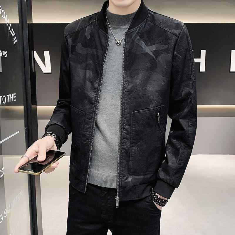 ジャケット メンズ 男性用 フェイクレザー スタンドカラー 野球襟 迷彩柄 カモフラージュ アウター トレンド 韓国ファッション 長袖 ブラック 普段使い カジュアル 秋冬