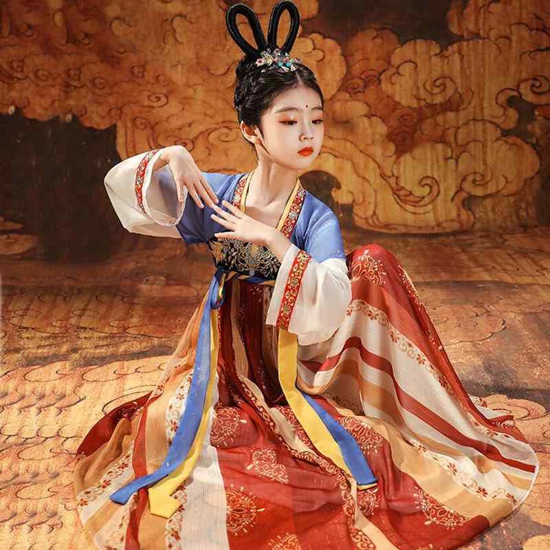 漢服 女の子 子供 キッズ 春秋 薄手 長袖 中国風 古風 敦煌 プリンセス 襦裙 発表会 ステージ 舞台 イベント 衣装 コスチューム 華やか 優雅 ポリエステル