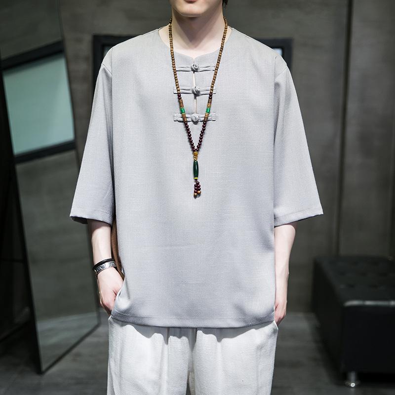Tシャツ メンズ 春夏 チャイナ風 盤扣 飾りボタン 綿麻 ポリエステル混紡 レトロ ビンテージ 無地 五分袖 ゆったり ルーズフィット ラウンドネック 丸首 普段使い カジュアル トップス グレー コーヒー色