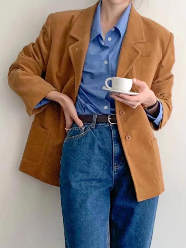 テーラードジャケット レディース レトロ 高級感 コーデュロイ 春秋 個性的 他と被らない おしゃれ カジュアル ダブルボタン チョコレートブラウン｜way-ugo