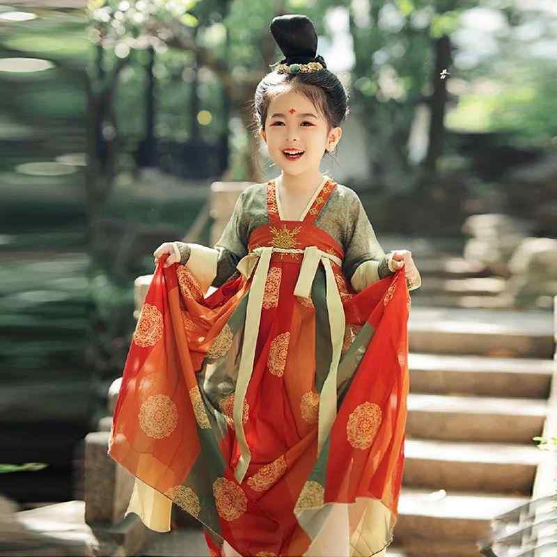 ワンピース 女児 子供 敦煌漢服 中国風 伝統衣装 古風 唐装 プリンセス 華やか 優美 発表会 イベント 舞台衣装 コスチューム ポリエステル 再生繊維 薄手 柔らかな肌触り 春秋