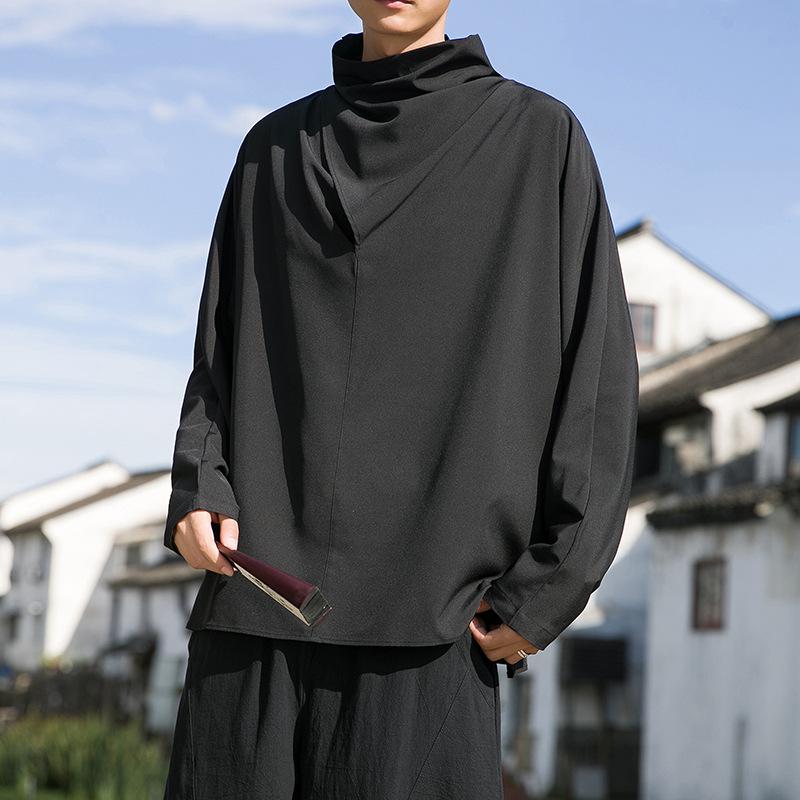 Tシャツ メンズ 男性用 中国風 中華風 接触冷感 涼しい 堆堆襟 タートルネック ハイネック 長袖 ゆったり ルーズフィット ビッグシルエット ポリエステル 無地 春秋 普段使い カジュアル ブラック