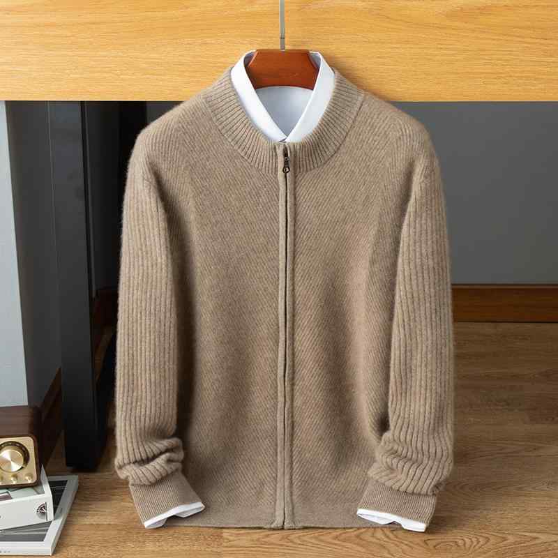 ニット カーディガン メンズ 秋冬 カシミヤブレンド ウール ハーフハイネック ジップアップ ゆったり ルーズフィット 厚手 肉厚 保温 カジュアル 通勤 普段使い 無地 大きいサイズ